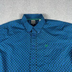 Cinch Men's L Blue Green Geometric Button Down Shirt Short Sleeve Western